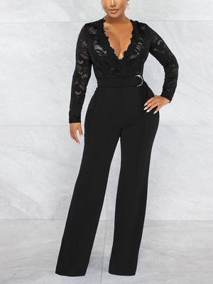 Lace V Neck With Belt Jumpsuit