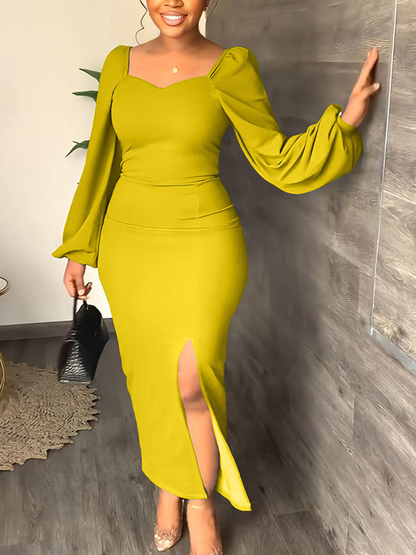 Lantern Sleeve Slit Dress