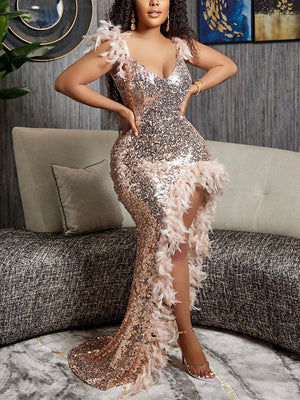 Sequin Feather Slit Party Dress