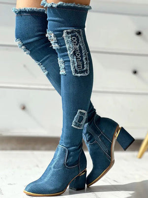 Ripped Over The Knee Denim Boots