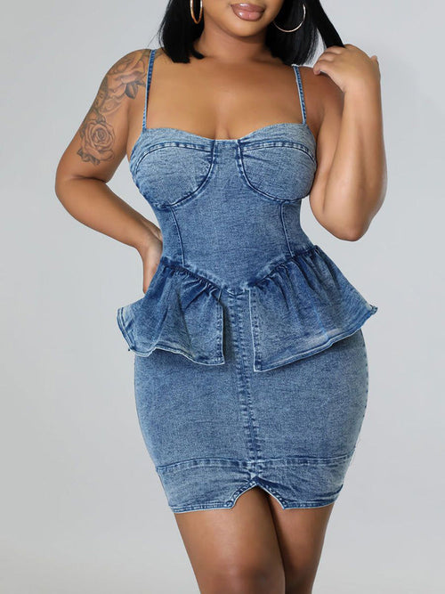 Sleeveless Zipper Ruffles Denim Dress