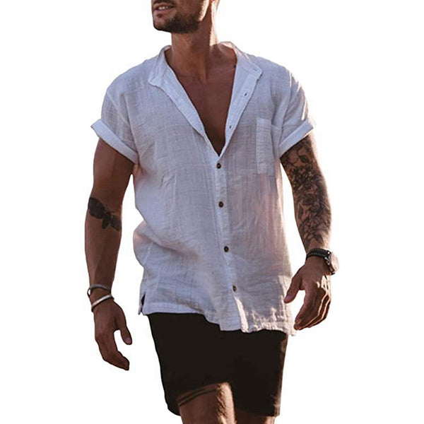 Men's Cotton Linen Solid Loose Short Sleeve Pocket Simple Casual Shirt