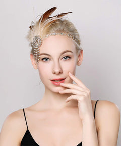 YM & Dancer P7 1920s Flapper Feather Headband with Crystal Chain Tassel Rhinestone Headband Feather Roaring 20s Headpiece Prom Party Festival Gatsby Hair Jewelry for Women and Girls