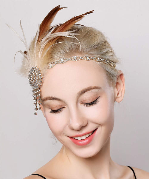 YM & Dancer P7 1920s Flapper Feather Headband with Crystal Chain Tassel Rhinestone Headband Feather Roaring 20s Headpiece Prom Party Festival Gatsby Hair Jewelry for Women and Girls