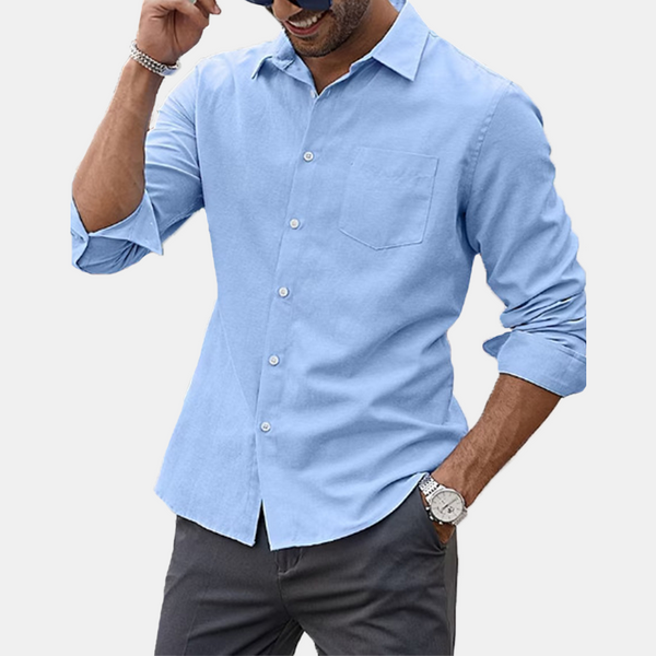 Men's lapel long sleeve solid color shirt