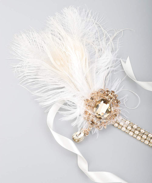 YM & Dancer P25 Bridal 1920s Flapper Feather Headband with Crystal Pearl Head Chain White Feather Roaring 20s Headpiece Prom Party Festival Gatsby Hair Jewelry for Women and Girls