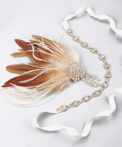 YM & Dancer P7 1920s Flapper Feather Headband with Crystal Chain Tassel Rhinestone Headband Feather Roaring 20s Headpiece Prom Party Festival Gatsby Hair Jewelry for Women and Girls