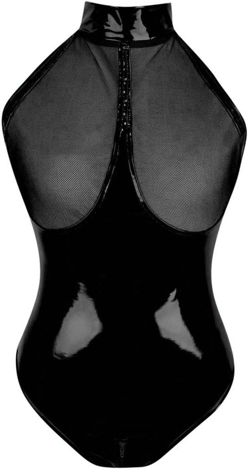 YM & Dancer C156 Lingerie for Women, Sexy Lingerie For Women Plus Tight PVC Leather Zipper Mesh See Through Teddy Babydoll Bodysuit