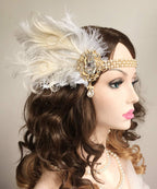 YM & Dancer P25 Bridal 1920s Flapper Feather Headband with Crystal Pearl Head Chain White Feather Roaring 20s Headpiece Prom Party Festival Gatsby Hair Jewelry for Women and Girls