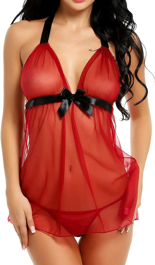 YM & Dancer C217 Baby Doll Lingerie for Women Deep V Neck Bowknot Chemise Halter Backless See Through Sleepwear Nightie Boudoir Outfits Pajama
