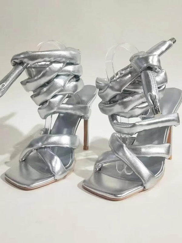 Cross Puffy Strap Heeled Sandals