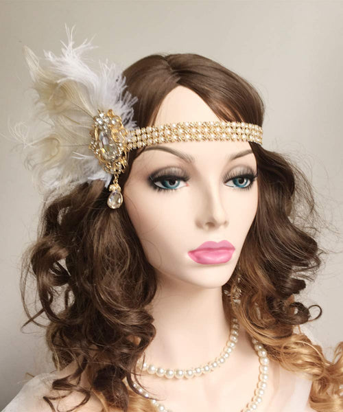 YM & Dancer P25 Bridal 1920s Flapper Feather Headband with Crystal Pearl Head Chain White Feather Roaring 20s Headpiece Prom Party Festival Gatsby Hair Jewelry for Women and Girls