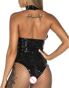 YM & Dancer C156 Lingerie for Women, Sexy Lingerie For Women Plus Tight PVC Leather Zipper Mesh See Through Teddy Babydoll Bodysuit