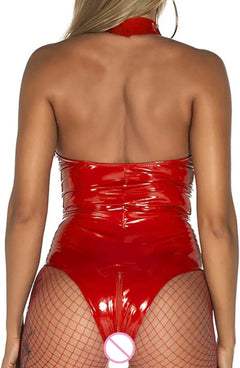 YM & Dancer C156 Lingerie for Women, Sexy Lingerie For Women Plus Tight PVC Leather Zipper Mesh See Through Teddy Babydoll Bodysuit