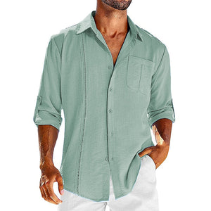 Solid Pocket Single Breasted Cardigan Cotton Hemp Long Sleeve Casual Shirt Top