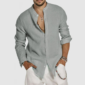 Men's Beach Cotton Linen Standing Collar Shirt