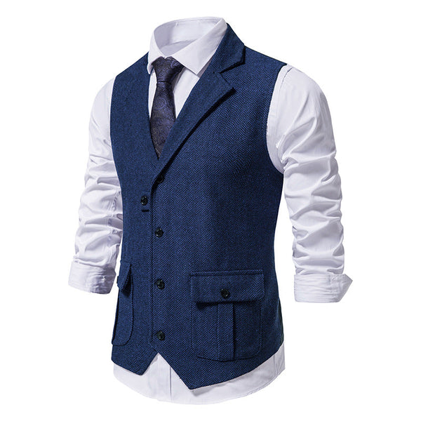 Men's Business Herringbone Lapel Pocket Sleeveless Vest