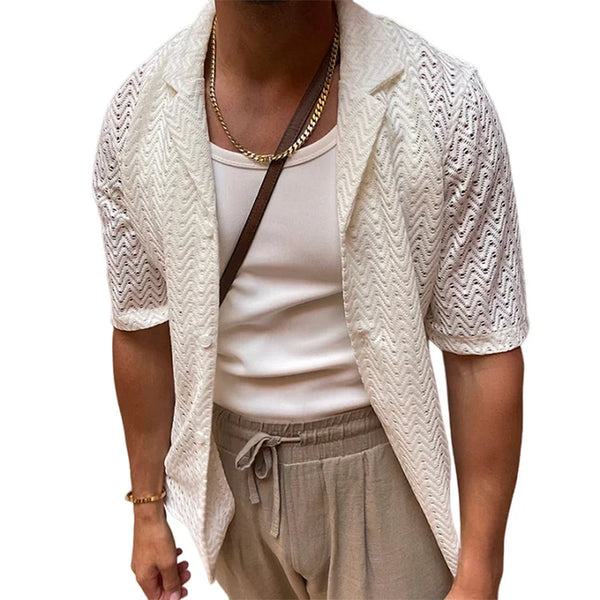 Men's summer hollowed-out sweater solid color lapel short sleeve knit shirt