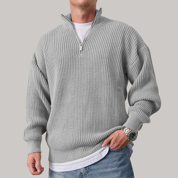 Men's Casual Loose Zipper Stand Collar Solid Color Sweater