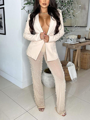 Blazer Beaded Sheer Pants Set