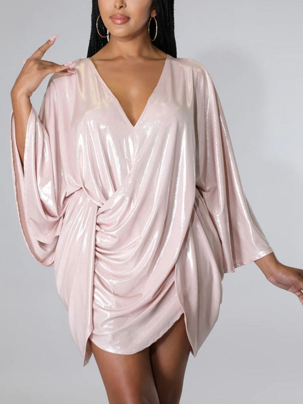 Glitter Batwing Sleeves Backless Mini Dress