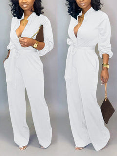 Button Belted Wide Leg Jumpsuit