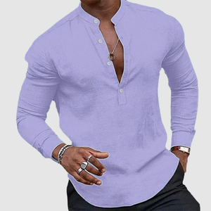 Men's casual plus-size top cotton linen loose stand-collar long sleeve shirt