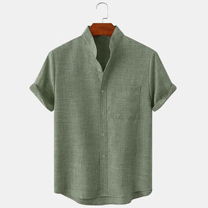 Men's solid colored linen short sleeved lapel shirt