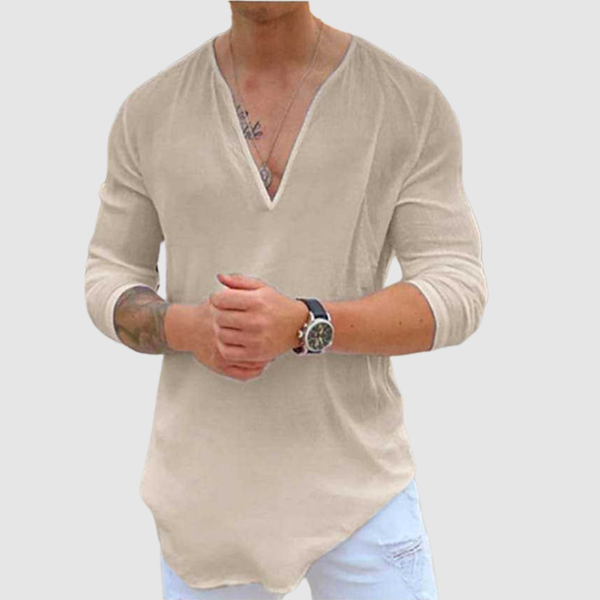 Men's new fashion V-neck casual solid color pure cotton T-shirt shirt