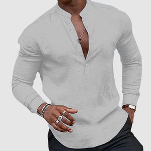 Men's casual plus-size top cotton linen loose stand-collar long sleeve shirt