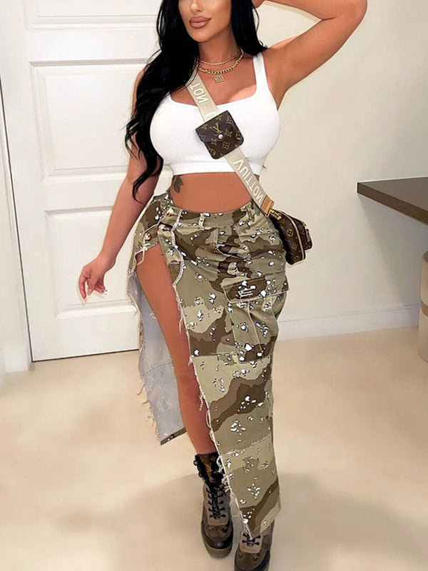 Camo Denim Button High Split Skirt