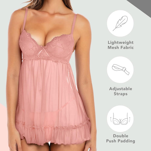 YM & Dancer C142 Push Up Babydoll - Sexy Lingerie Chemise Babydoll withUnderwire Support and matching G-String Panty