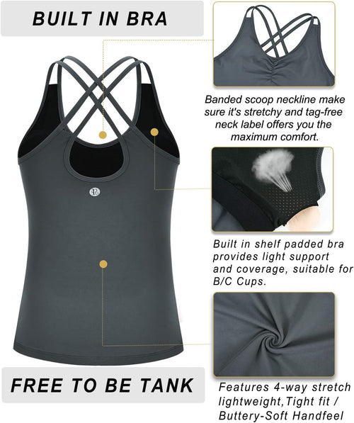 YM & Dancer C55 Yoga Tops for Women with Built-in Shelf Bra, Cross-Back Straps - Workout Tank Tops for Active Women