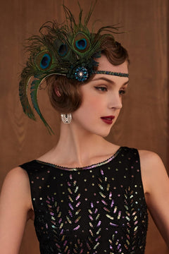 YM & Dancer P9 1920s Flapper Peacock Feather Headband Roaring 20s Beaded Showgirl Headpiece 1920s Great Gatsby Costume Hair Accessories (Blue & Green)