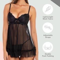 YM & Dancer C142 Push Up Babydoll - Sexy Lingerie Chemise Babydoll withUnderwire Support and matching G-String Panty