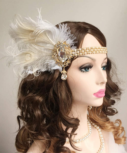 YM & Dancer P25 Bridal 1920s Flapper Feather Headband with Crystal Pearl Head Chain White Feather Roaring 20s Headpiece Prom Party Festival Gatsby Hair Jewelry for Women and Girls