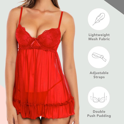 YM & Dancer C142 Push Up Babydoll - Sexy Lingerie Chemise Babydoll withUnderwire Support and matching G-String Panty