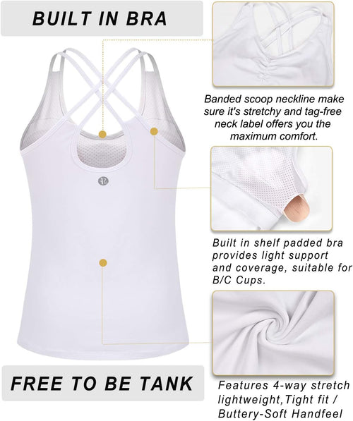 YM & Dancer C55 Yoga Tops for Women with Built-in Shelf Bra, Cross-Back Straps - Workout Tank Tops for Active Women