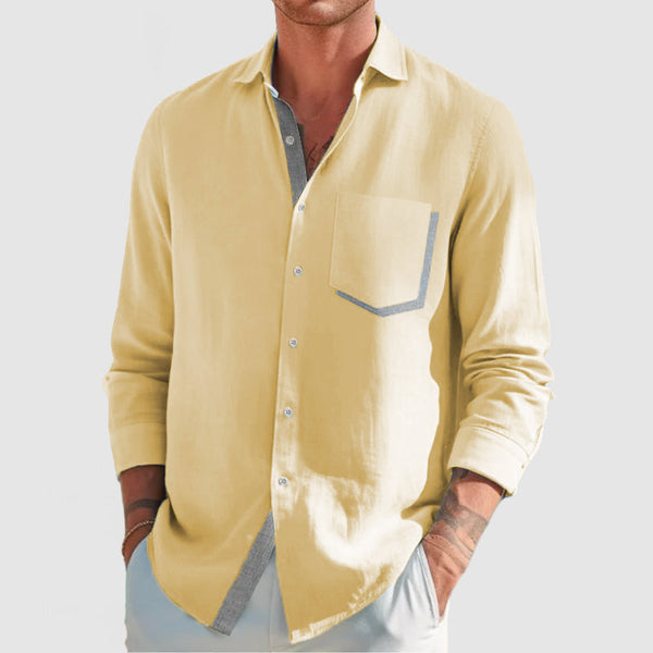 Men's Classic Color Block Patchwork Cotton Linen Shirt