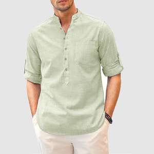 Cotton men's solid color standing collar buttoned pocket simple shirt