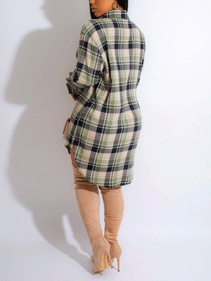 Long Sleeve Plaid Buckle Shirt Dress