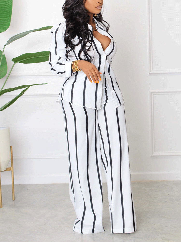 Striped Turndown Collar Long Sleeve Set