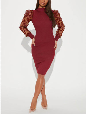 Mesh Puff Sleeve Ribbed Midi Dress