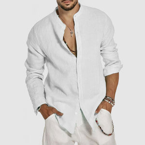 Men's Beach Cotton Linen Standing Collar Shirt