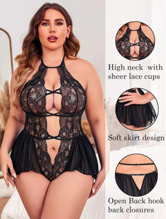 YM & Dancer C69 Womens Plus Size Lingerie Lace Bodysuit Teddy Deep V One Piece Lace Babydoll