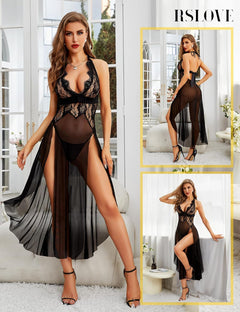 YM & Dancer C84 Women's Sexy Lingerie Lace Babydoll Sleepwear Mesh Chemise Deep V Neck Nightdress Side Slits Nightgowns