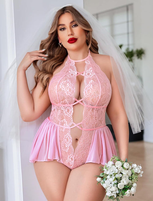 YM & Dancer C69 Womens Plus Size Lingerie Lace Bodysuit Teddy Deep V One Piece Lace Babydoll