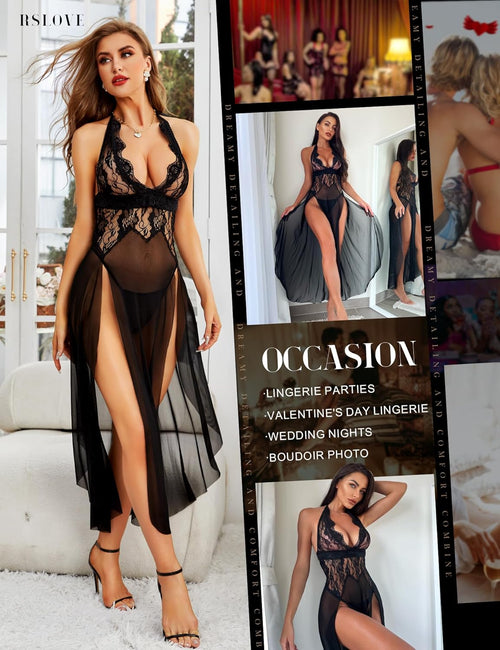 YM & Dancer C84 Women's Sexy Lingerie Lace Babydoll Sleepwear Mesh Chemise Deep V Neck Nightdress Side Slits Nightgowns