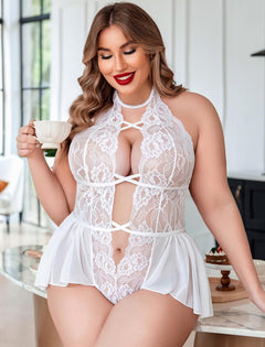 YM & Dancer C69 Womens Plus Size Lingerie Lace Bodysuit Teddy Deep V One Piece Lace Babydoll