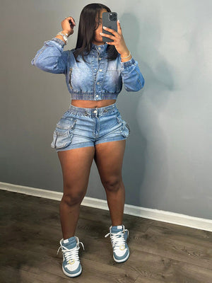 Denim Crop Jacket & Cargo Shorts Set